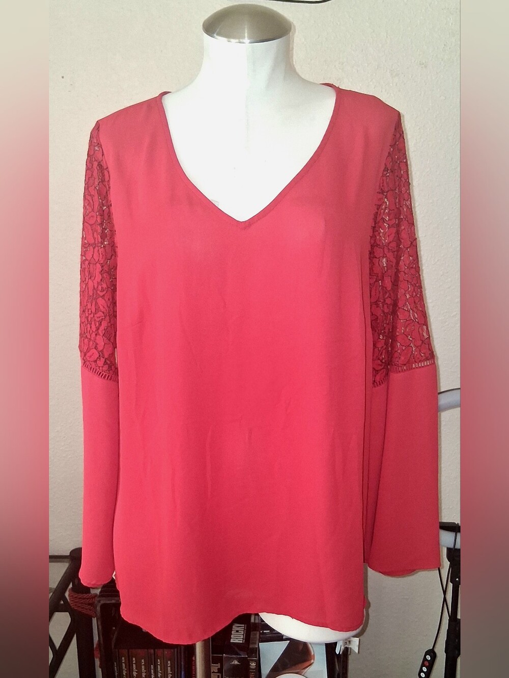 V-Neck Lace Sleeve Blouse